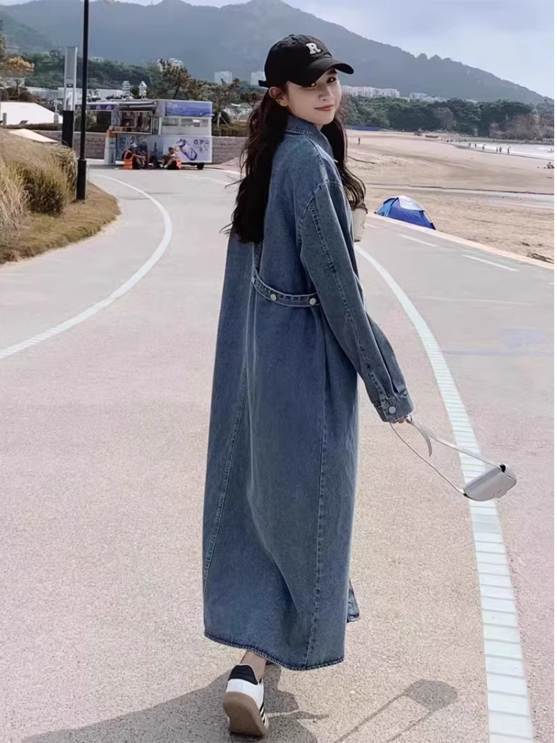Chic Longline Denim Coat in Cotton, Minimal Maxi Duster for Weekends