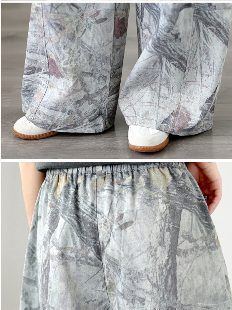 Women's Artful Wide-Leg Denim Cotton Pants with Elastic Drawstring Waist