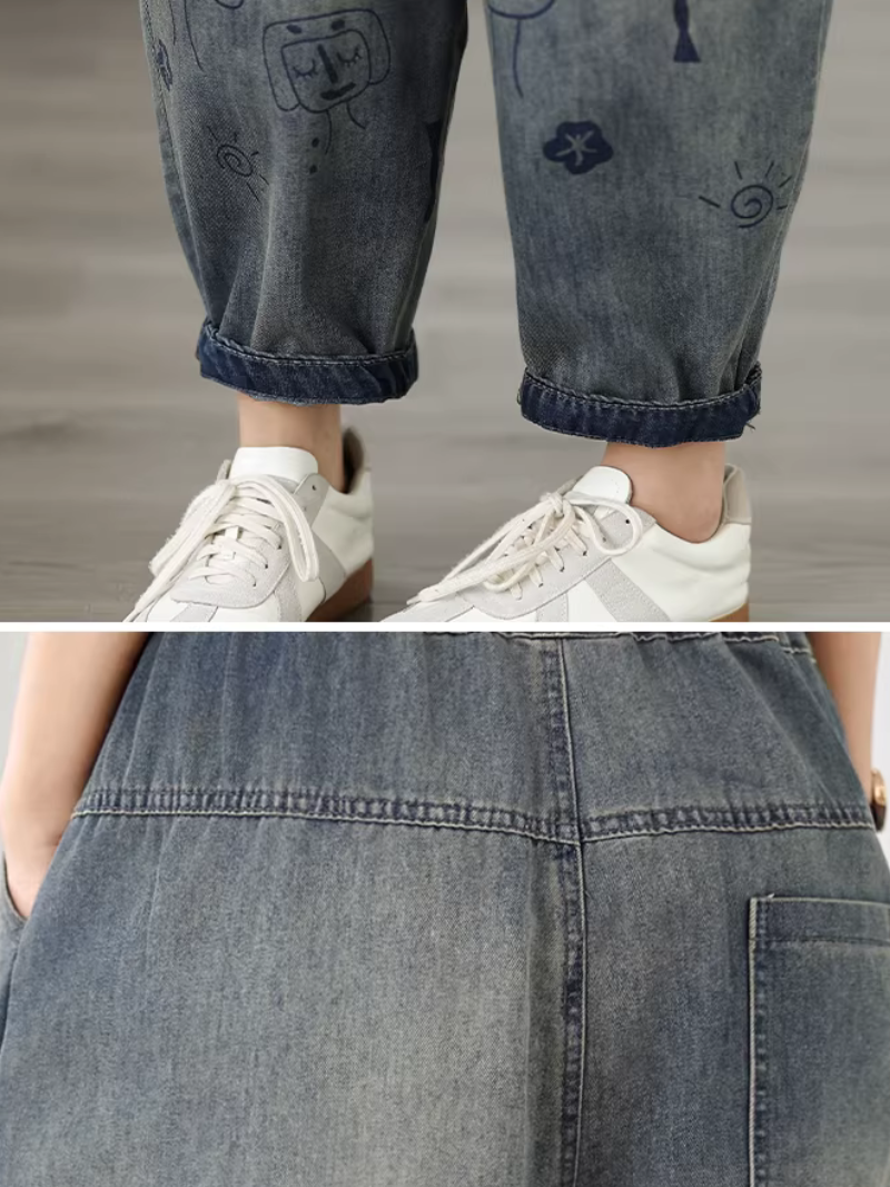 Artful Doodle Denim Cotton Tapered Pants, Relaxed Casual Women’s Jeans
