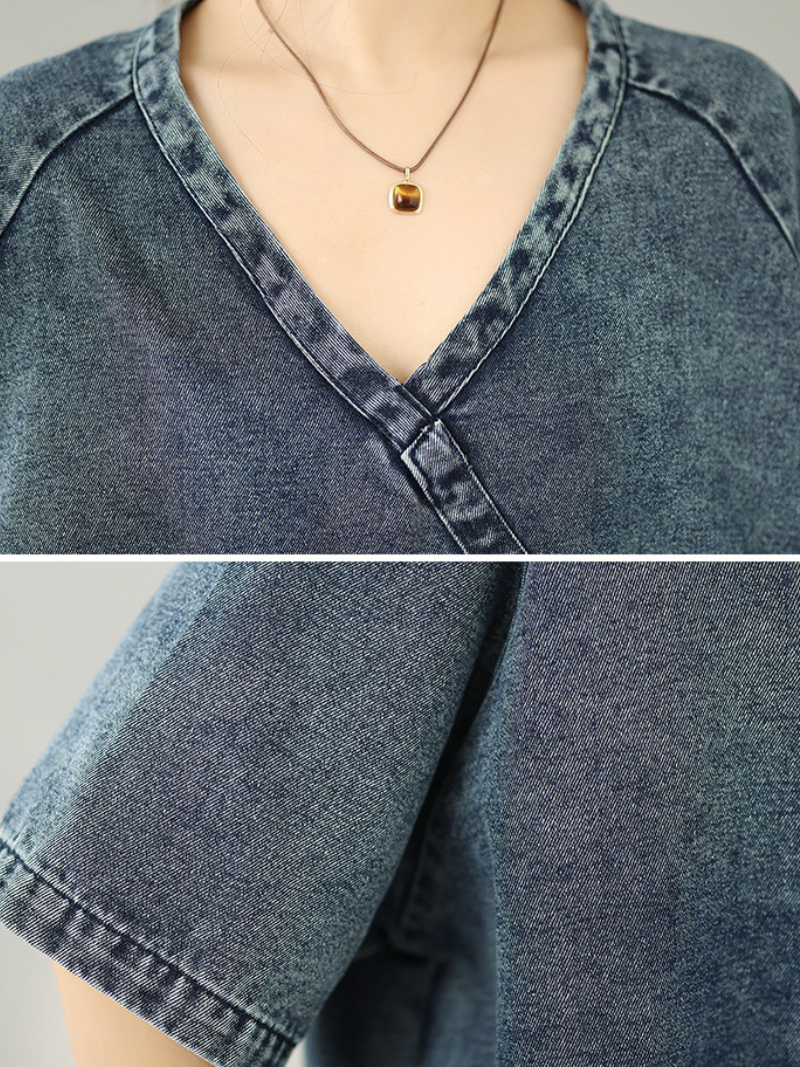 Artful Bloom Denim Dress, Relaxed V-Neck Midi in Washed Cotton