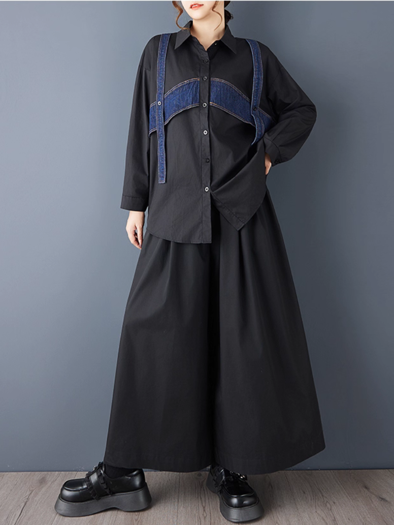 Oversized Button-Down Shirt with Denim Contrast Panels, Modern Minimal Elegance