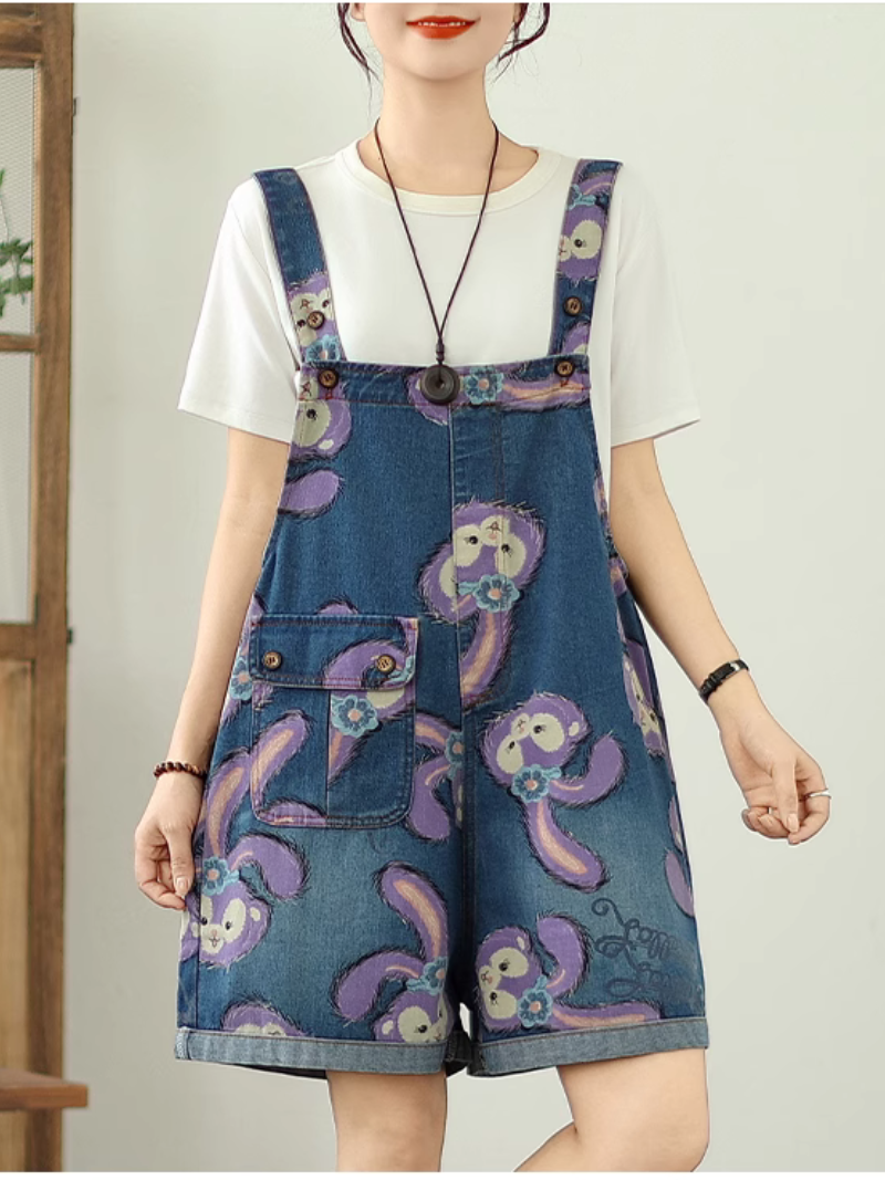 Women's Summer Beautiful & Cartoon Style Printed Denim Short Dungaree