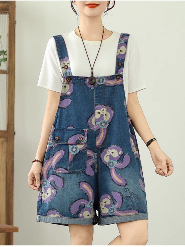 Cartoon Style Printed Denim Short Overalls for Women | Eva Trends