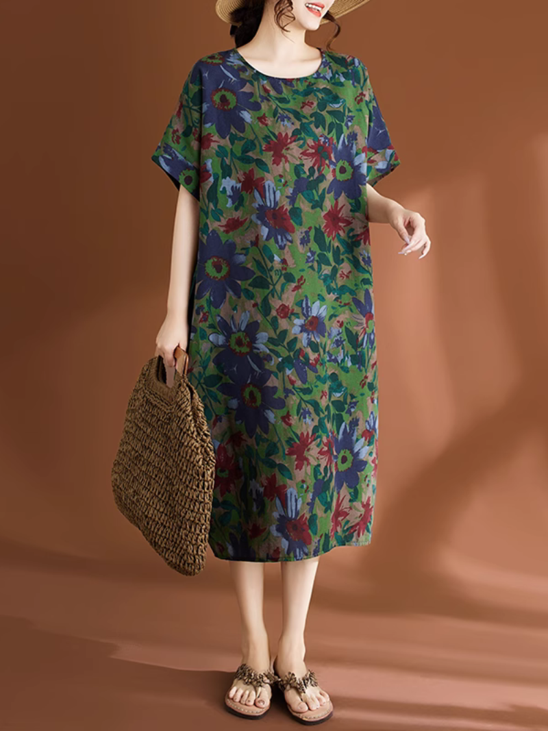 Women's Summer Flower Printed Pocket Style Midi -Dress
