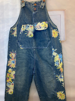 Sunflower Print Denim Dungarees - Utility Pocket Style