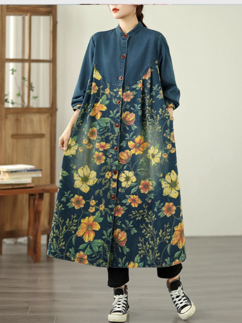 Damens Sommer Patchwork gedruckt gelegentlich losen Jeansmantel gedruckt