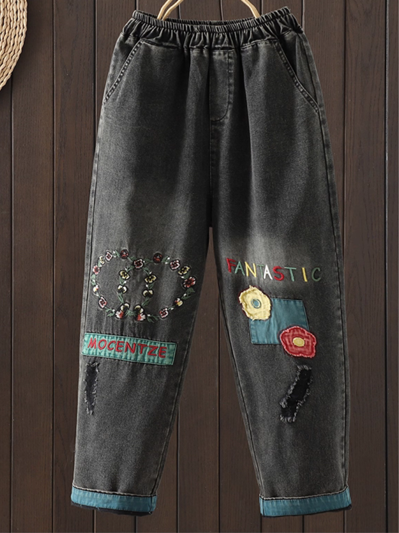 Artful Patchwork Relaxed Tapered Denim Cotton Women’s Jeans