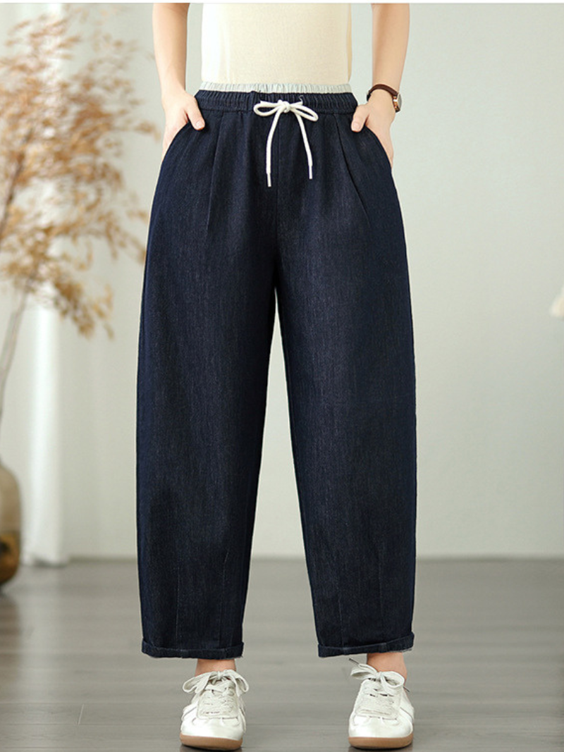 Chic Relaxed Wide-Leg Denim Cotton Pants with Drawstring Waistband for Women