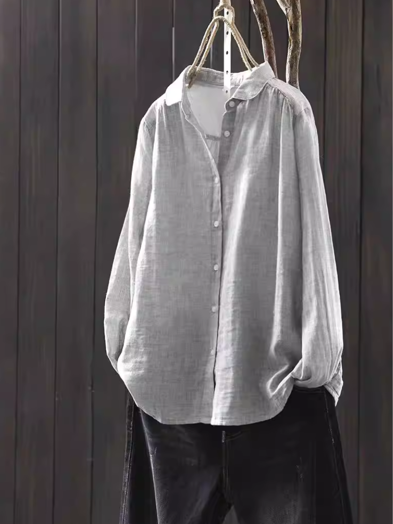 Cotton-Linen Button-Down Blouse with Point Collar