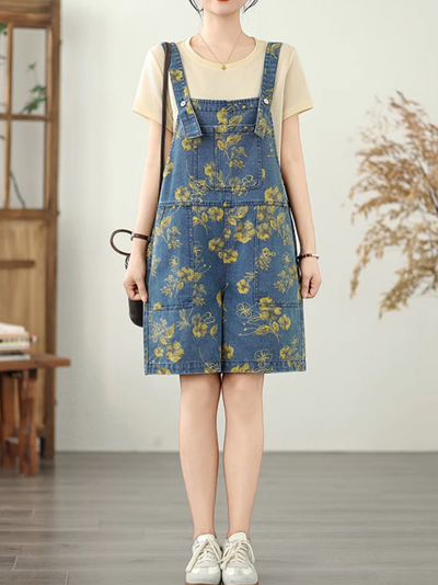 Women's Summer Cool Strap Button Up Printed  Overall Dungaree