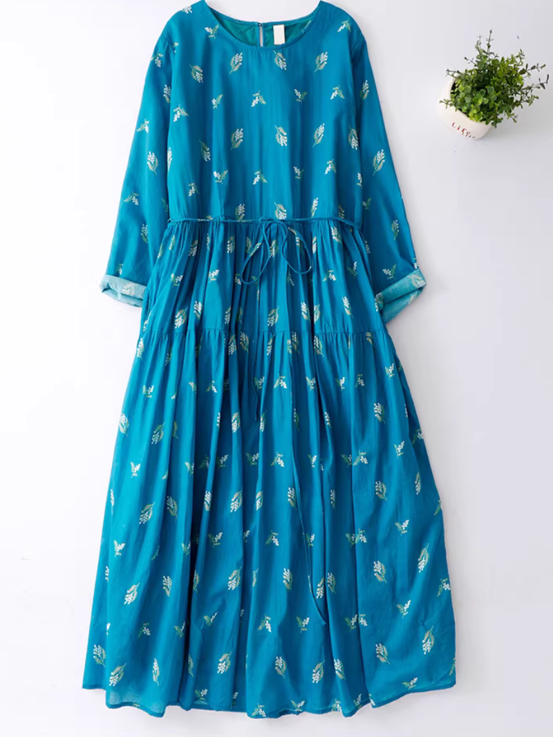 Botanical Print Boho Midi Dress with Tie Waist, Effortlessly Elegant