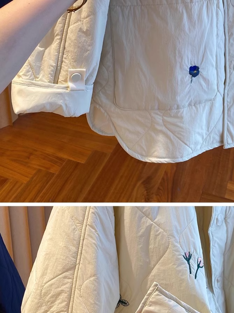 Chic Quilted Jacket, Embroidered Oversized Silhouette with Patch Pockets, Cotton-Poly