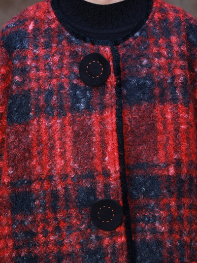 Women's Winter Classic Embroidery Button Plaid Woolen Coat
