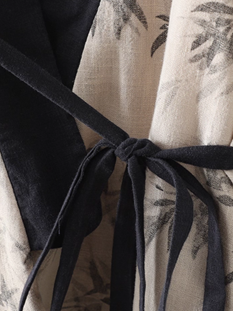 Bamboo Print Cotton-Linen Kimono Jacket with Contrast Trim and Tie