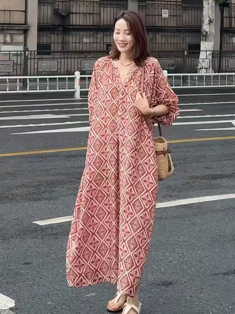 Boho Maxi Dress with V-Neck and Billowed Sleeves in Viscose Rayon