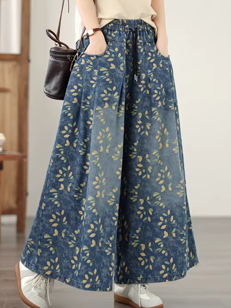 Floral Denim Cotton Palazzo Pants with Pockets, Elegant Wide-Leg Trousers