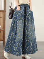 Floral Denim Cotton Palazzo Pants with Pockets, Elegant Wide-Leg Trousers