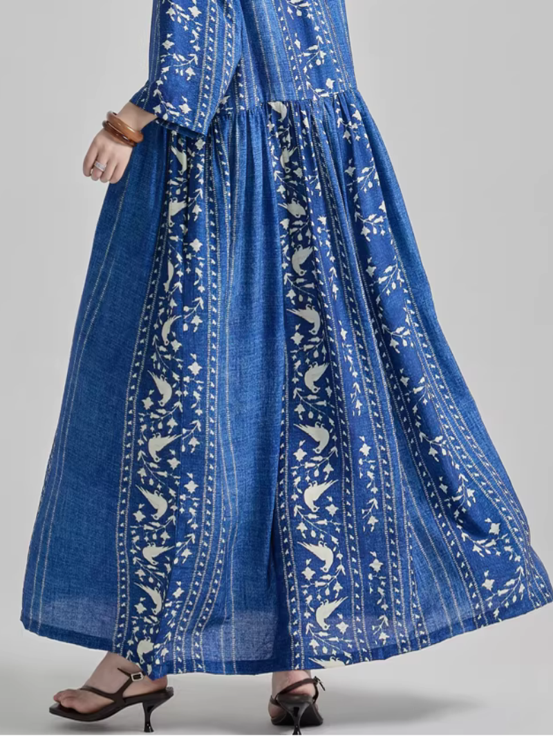 Artisanal Stripe Print V-Neck Maxi Dress in Luxe Nylon-Cotton Blend