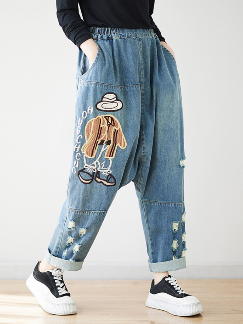 Women's Stylish Cartoon Embroidery Jeans Loose Bottom
