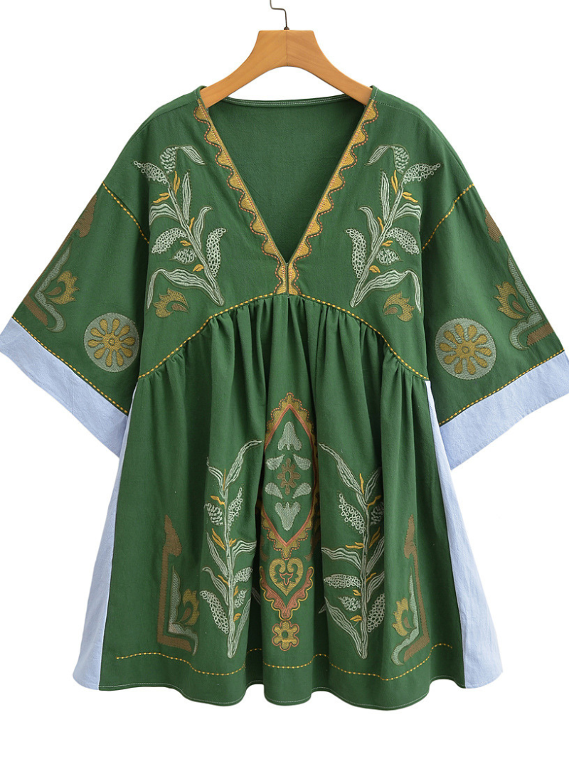 Women's Summer Casual V-neck Loose Embroidered Kimono Dress