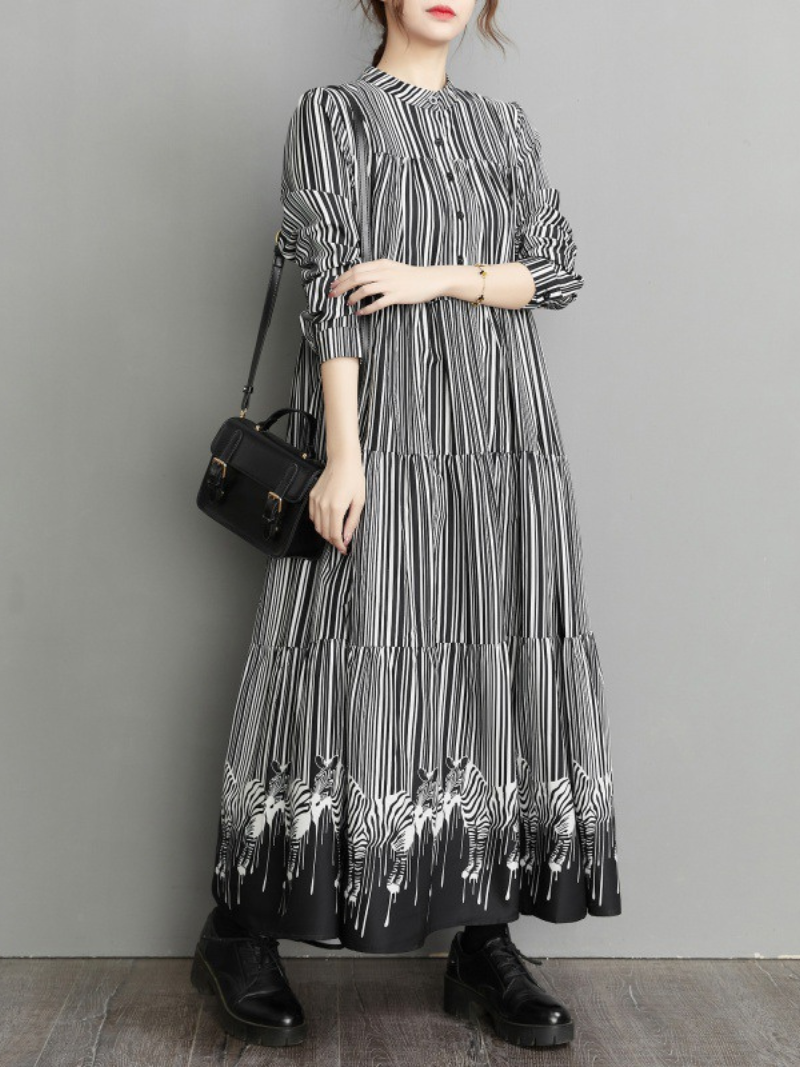 Women's Long Striped Printed Button-Up Maxi Shirt Dress