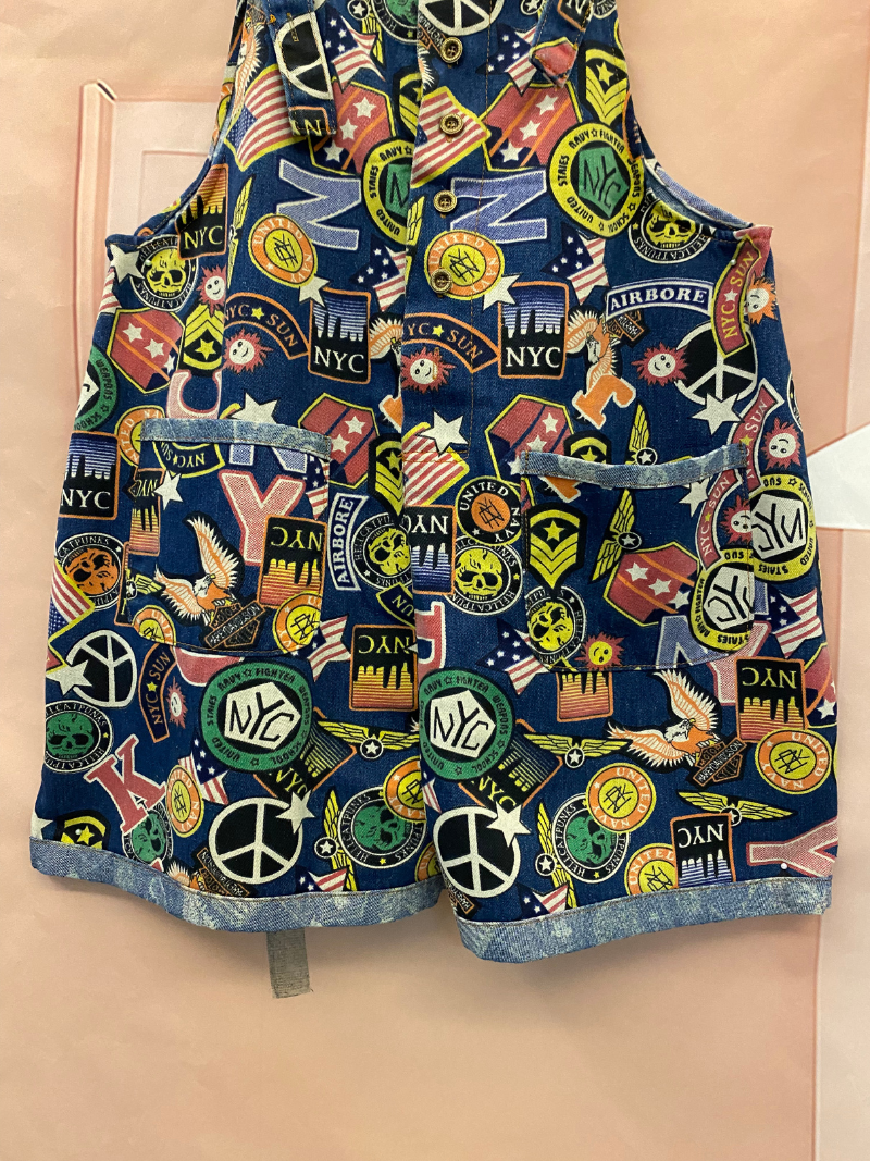 Graphic Print Short Dungarees - NYC Patchwork Denim Style