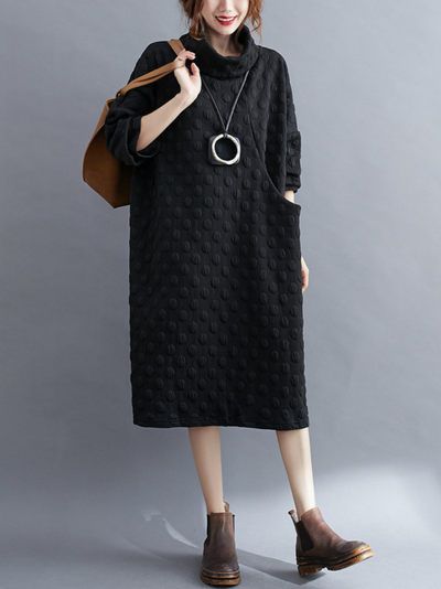 Women's  Polka Dot High Collar Mid-Length Shirt Dress