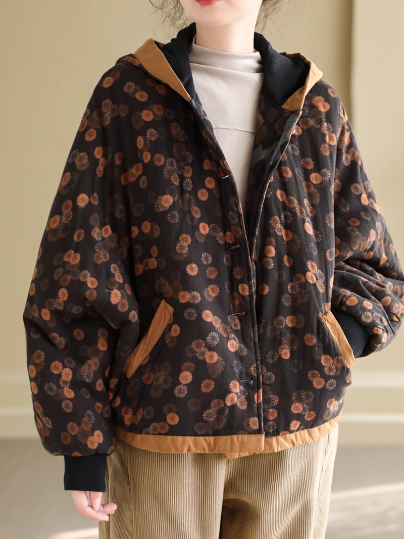 Women's Winter Printed Warm Side Pockets Hooded Casual Coat