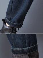 Artful Patchwork Denim Jogger Fleece-lined Jeans with Embroidery and Elastic Waist