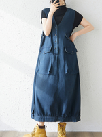 Minimal Utility Denim Dress with Pockets, Sleeveless V-Neck Midi Silhouette