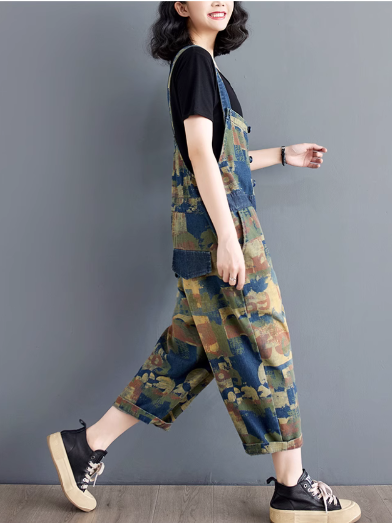 Women's Stylish & Beautiful Thin Denim Printed Overall Dungaree