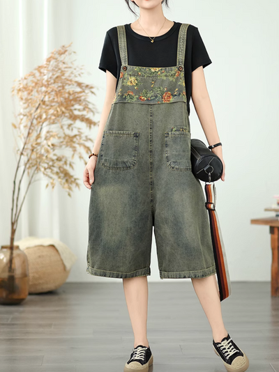 Women's Summer Denim Jumpsuit Cropped Pant Style Overall Dungaree