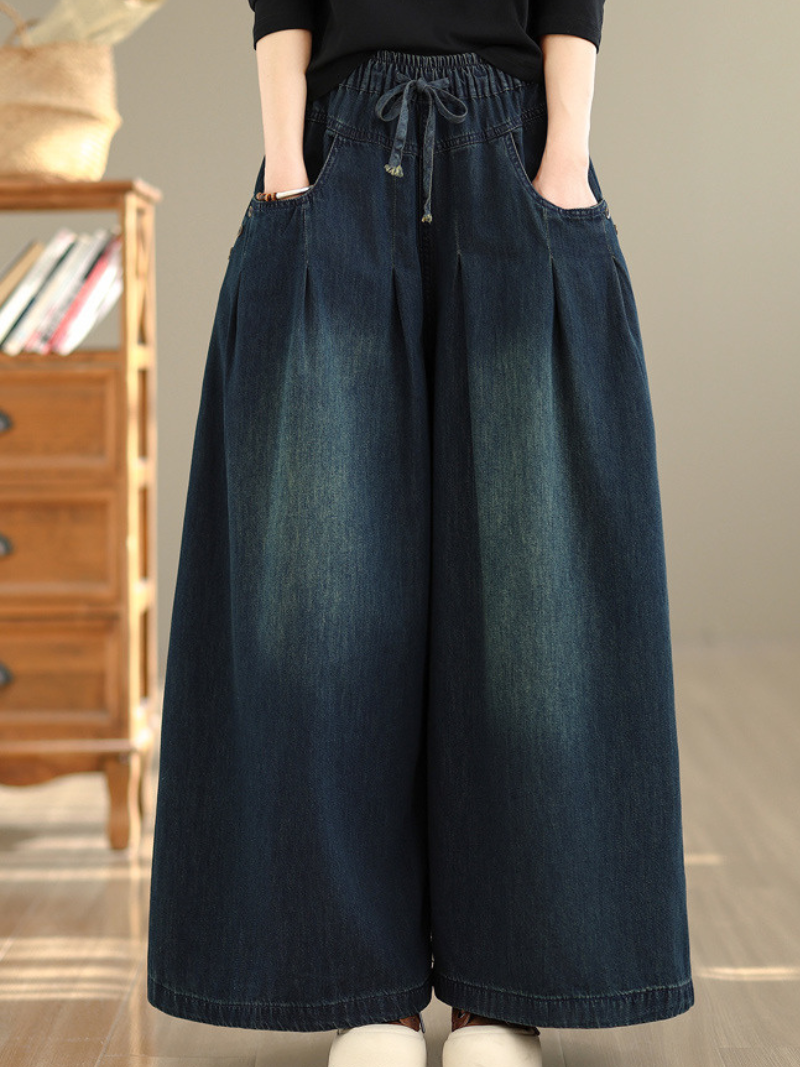Relaxed Wide-Leg Denim Cotton Palazzo Pants with Drawstring Waist and Deep Pockets