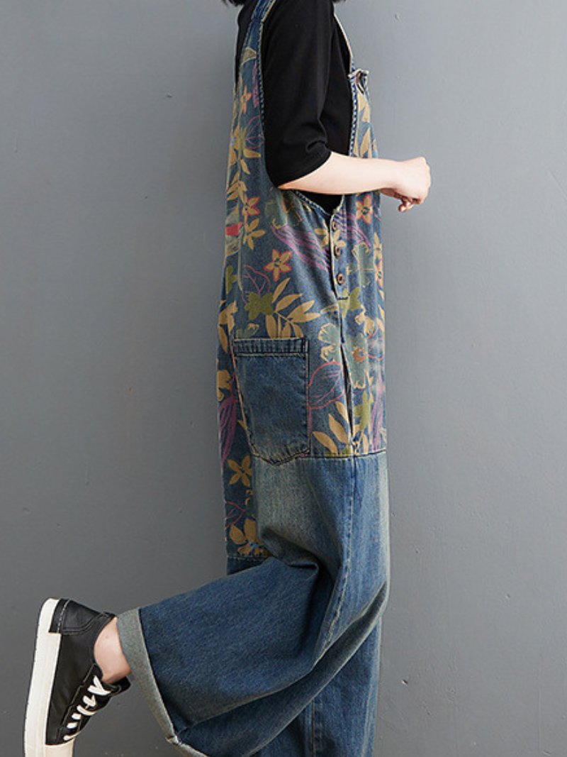 Women's Wide Leg Pant Loose Flowers Printed Overall Dungarees