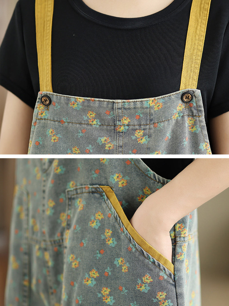 Artful Floral Denim Cotton Overalls Jumpsuit with Relaxed Balloon Legs