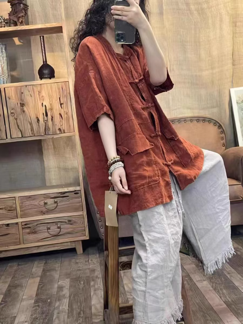 Women's Summer Retro Linen Buttoned Midi Loose Cardigan Dress