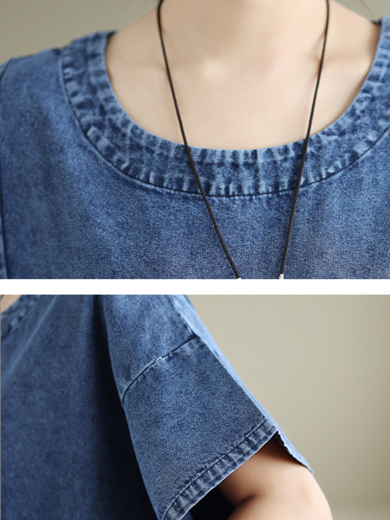 Relaxed Curved-Hem Denim Dress with Patch Pockets in Cotton A-Line