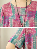 Artisanal Boho Midi Dress in Cotton Linen Blend, Relaxed Painterly Print