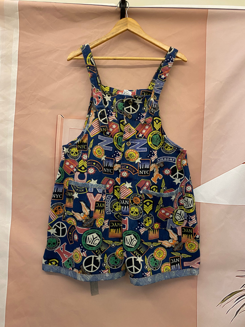 Graphic Print Short Dungarees - NYC Patchwork Denim Style