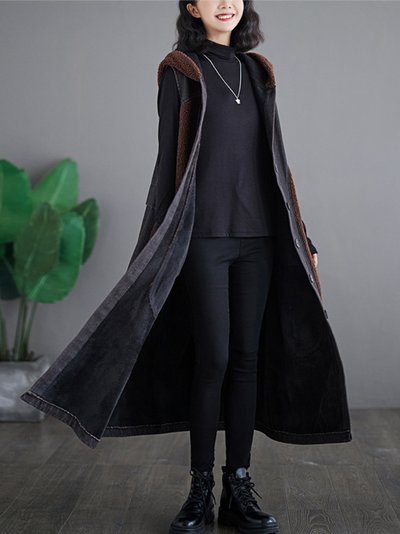 Women's Fashionable Velvet Button-Up Hoodie Coat
