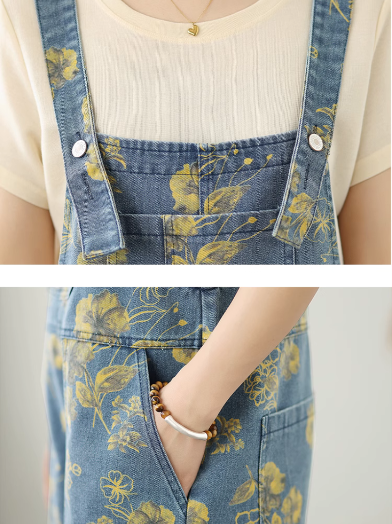 Women's Summer Cool Strap Button Up Printed  Overall Dungaree