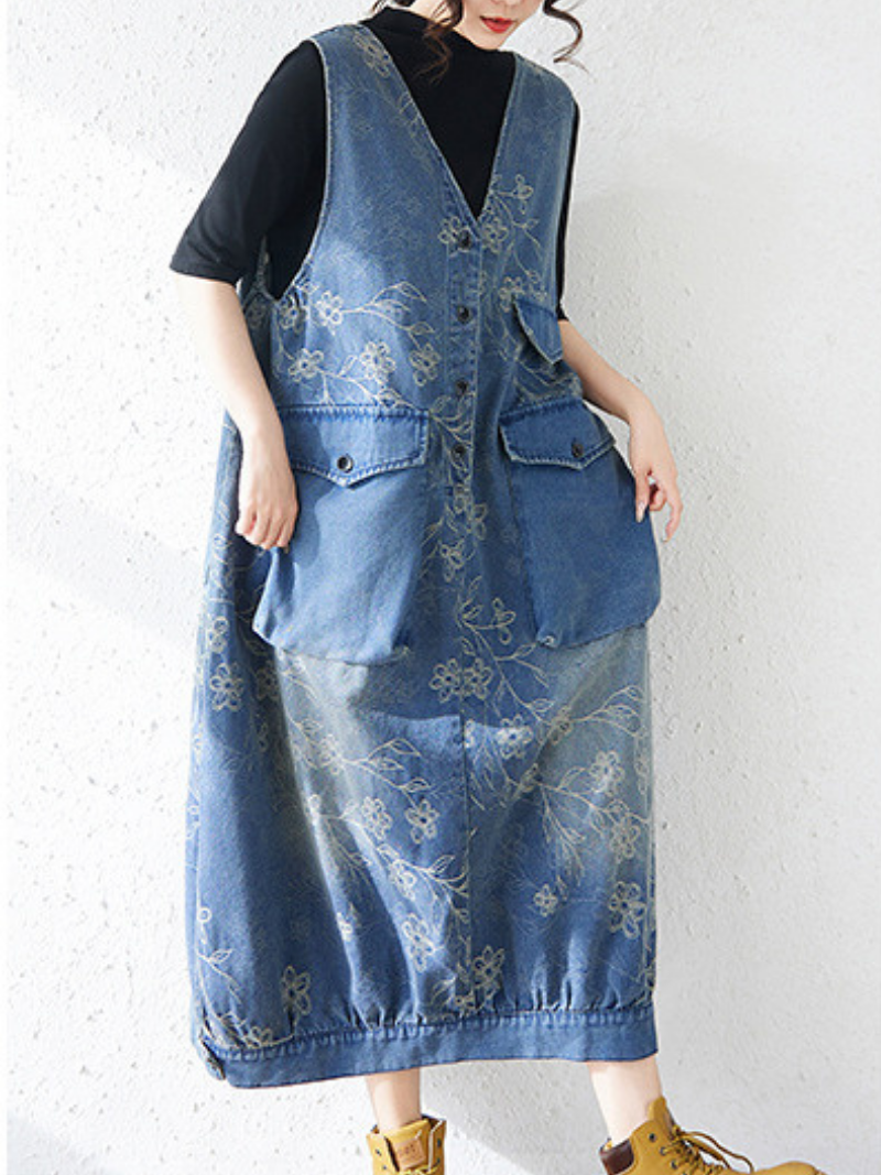 Floral Patchwork Denim Dress Pinafore Maxi with Oversized Pockets, Effortless Poise