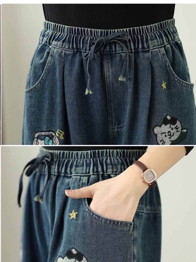 Women's Elegant Cartoon Embroidered Summer Loose Bottom