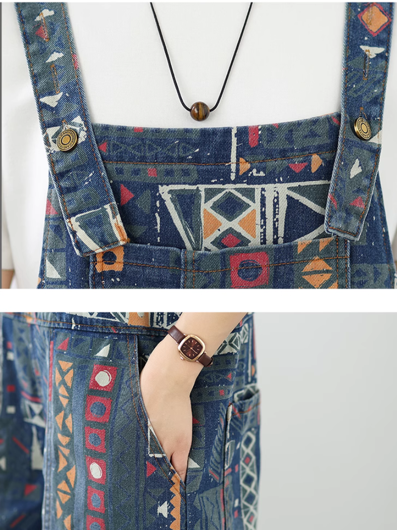Women's Retro Style Printed Denim Bib's Short Overall Dungaree