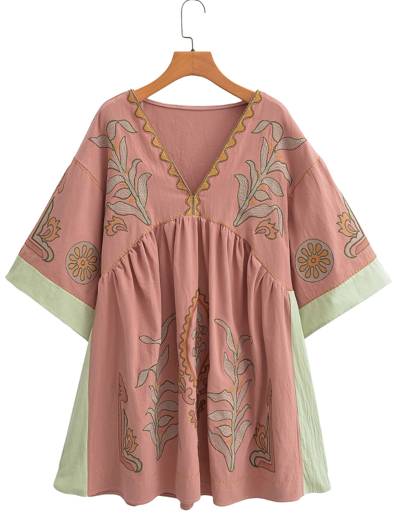 Women's Summer Casual V-neck Loose Embroidered Kimono Dress