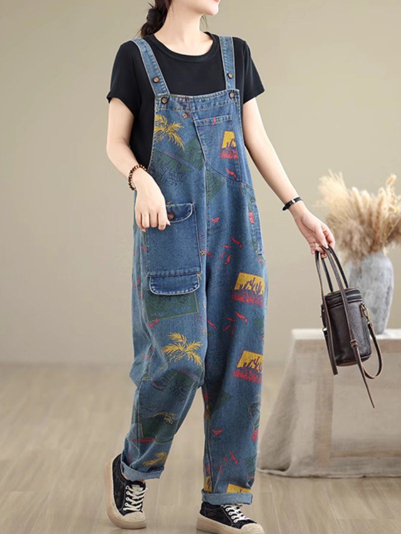 Women's Beautiful Straight-Leg Pant Style Printed Overall Dungarees