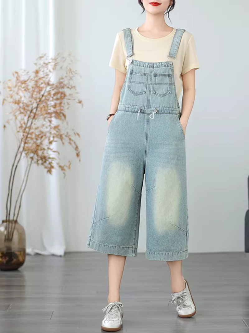Relaxed Culotte Denim Overalls with Adjustable Straps in Soft Cotton