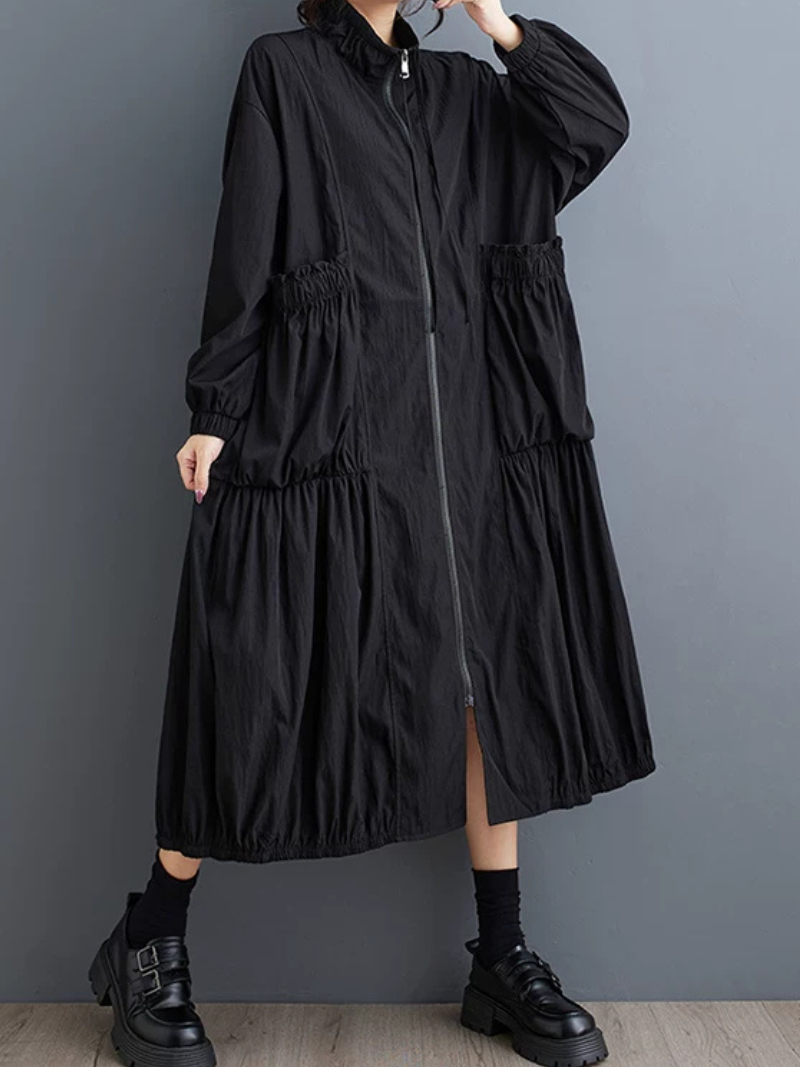 City-to-Weekend Confidence Coat-Dress — Flowing Tiered Zip-Front Midi