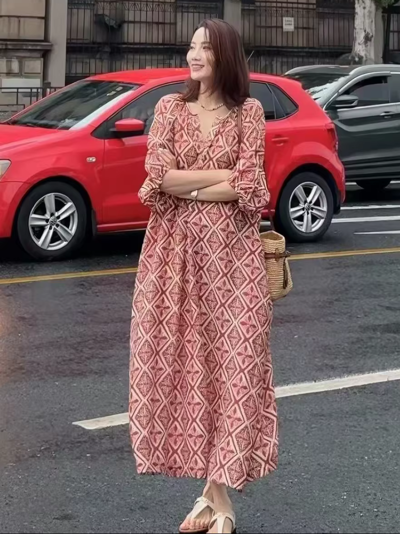 Boho Maxi Dress with V-Neck and Billowed Sleeves in Viscose Rayon