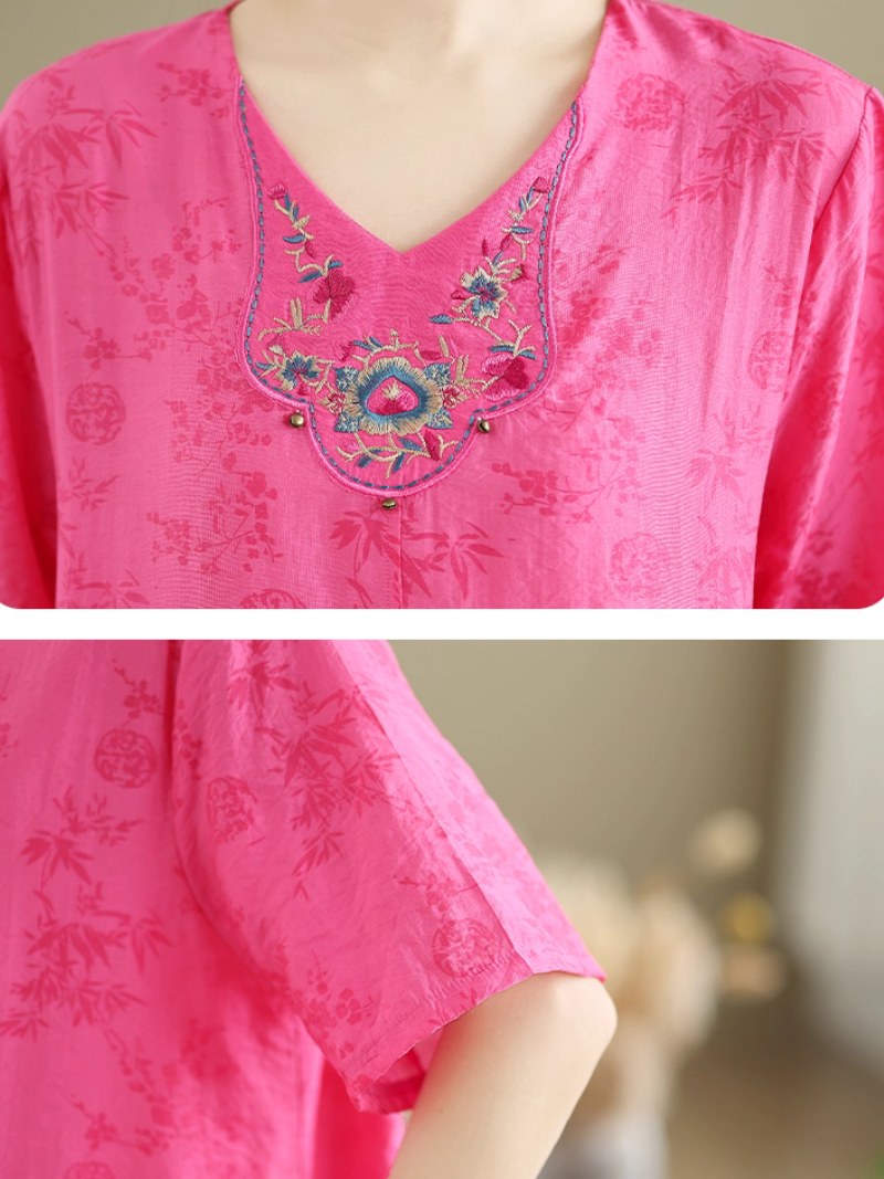 Women's Loose Embroidery & short  Sleeves Top  